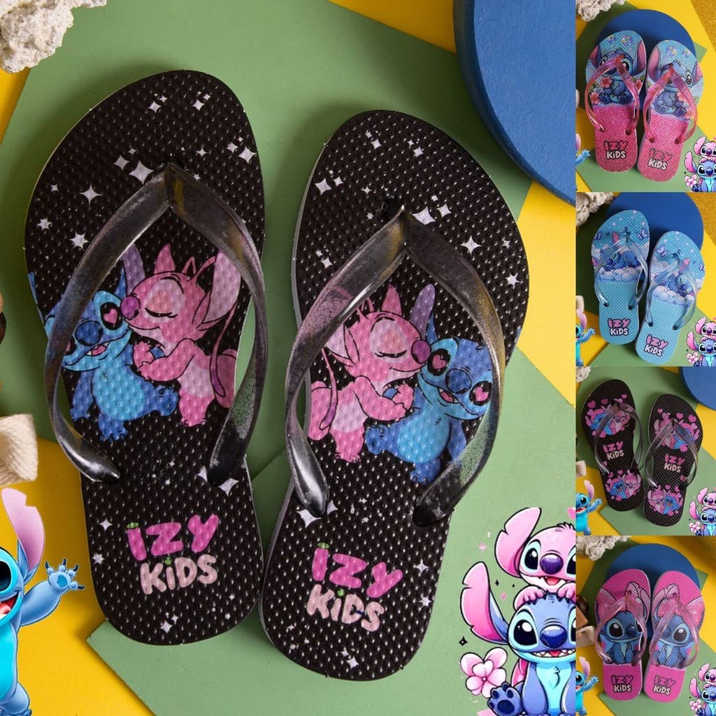 Sandálias infantis com estampa de 'Lilo & Stitch', fundo preto com pontos brancos e estampa colorida, texto 'IZY KIDS' em rosa.