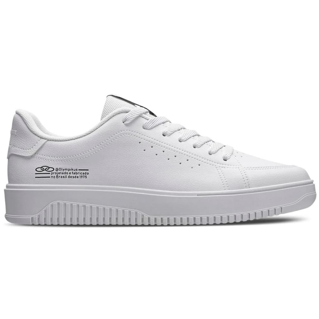 Tenis Olympikus Eros branco com sola grossa e detalhe em relevo, logo na lateral