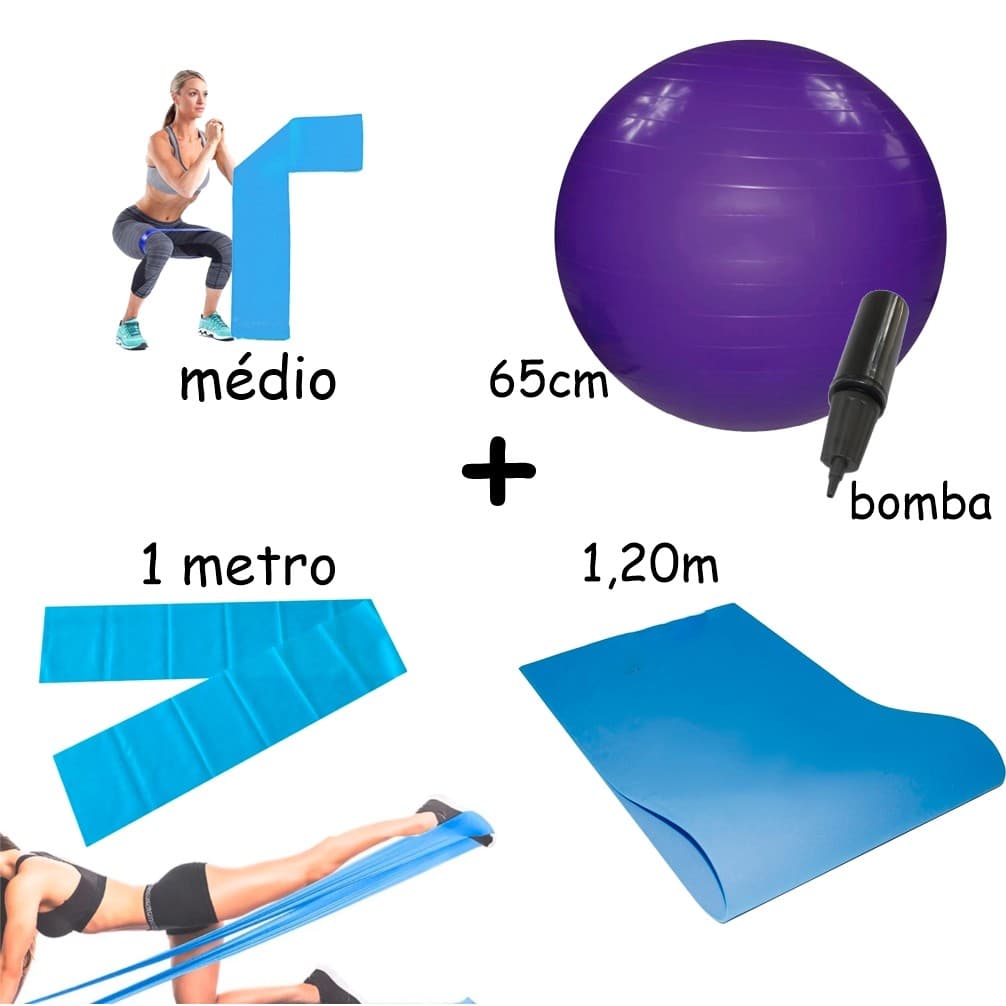 Kit Pilates Tapete 1,20mt + Faixa Elástica Média 1m +  Mini Band Média + Bola Suiça 65 + Bomba de bola