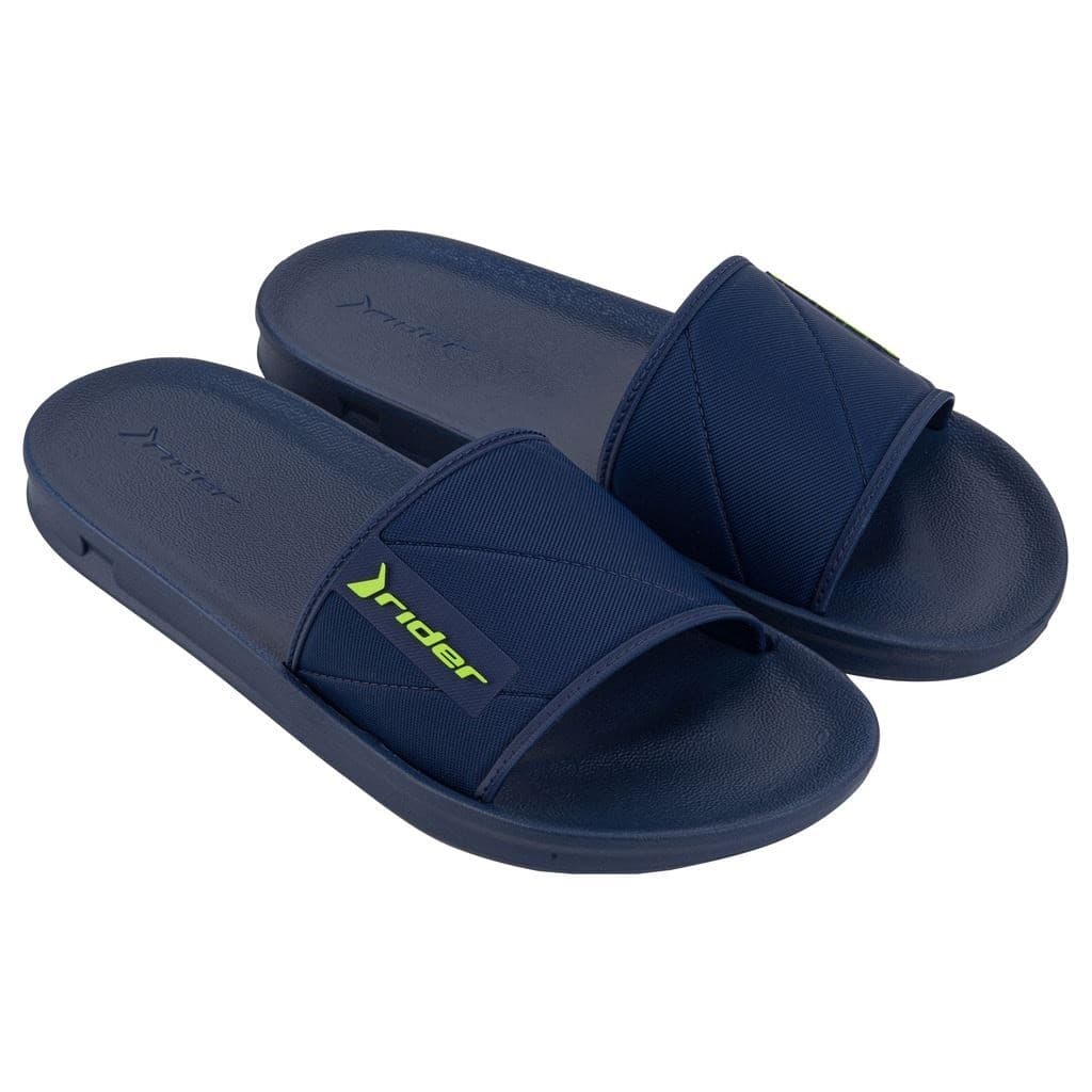 Par de chinelos masculinos Rider Street Slide azul marinho com logotipo verde neon