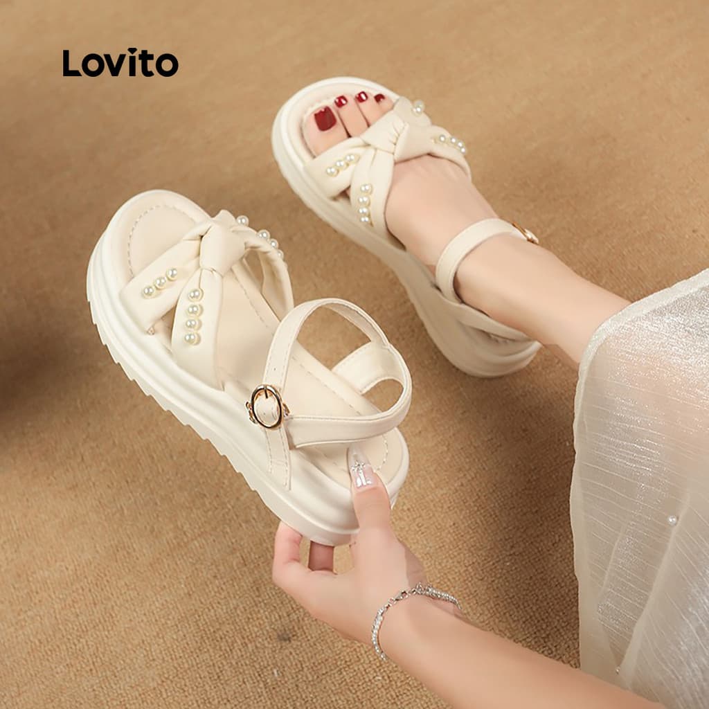 Lovito Sandálias Casuais de Tiras Cruzadas All Seasons Off White Sandálias Planas LFA86001