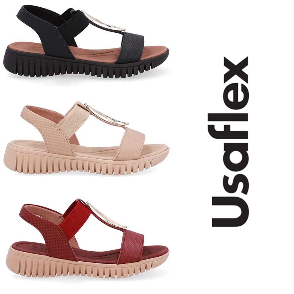 Sandália Enfeite Dourado Couro Usaflex