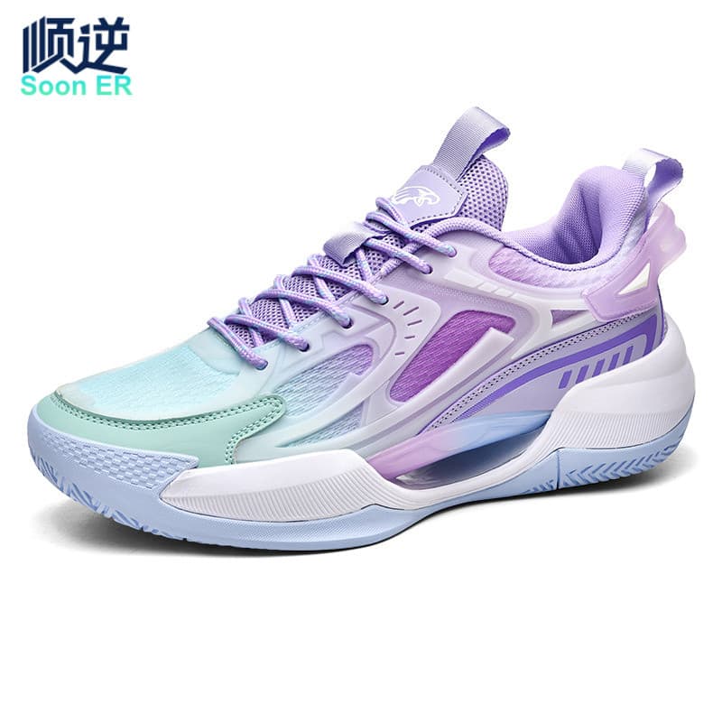 Tênis esportivo masculino e feminino em cores vibrantes, malha, gradiente turquesa e magenta, branco, sola grossa, design moderno, marca Soon ER.