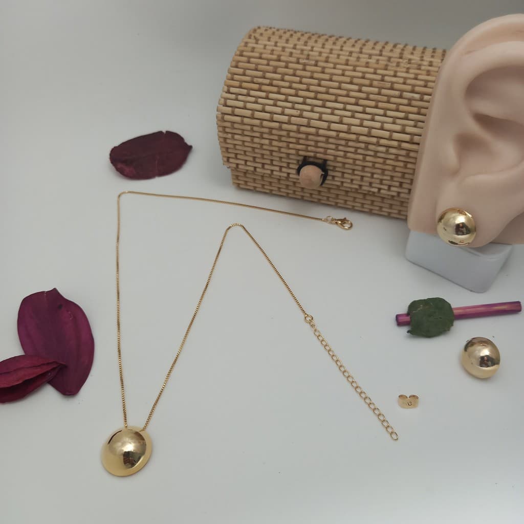 Kit Colar e Brinco Feminino Meia Bola Meia Esfera Banhado a Ouro