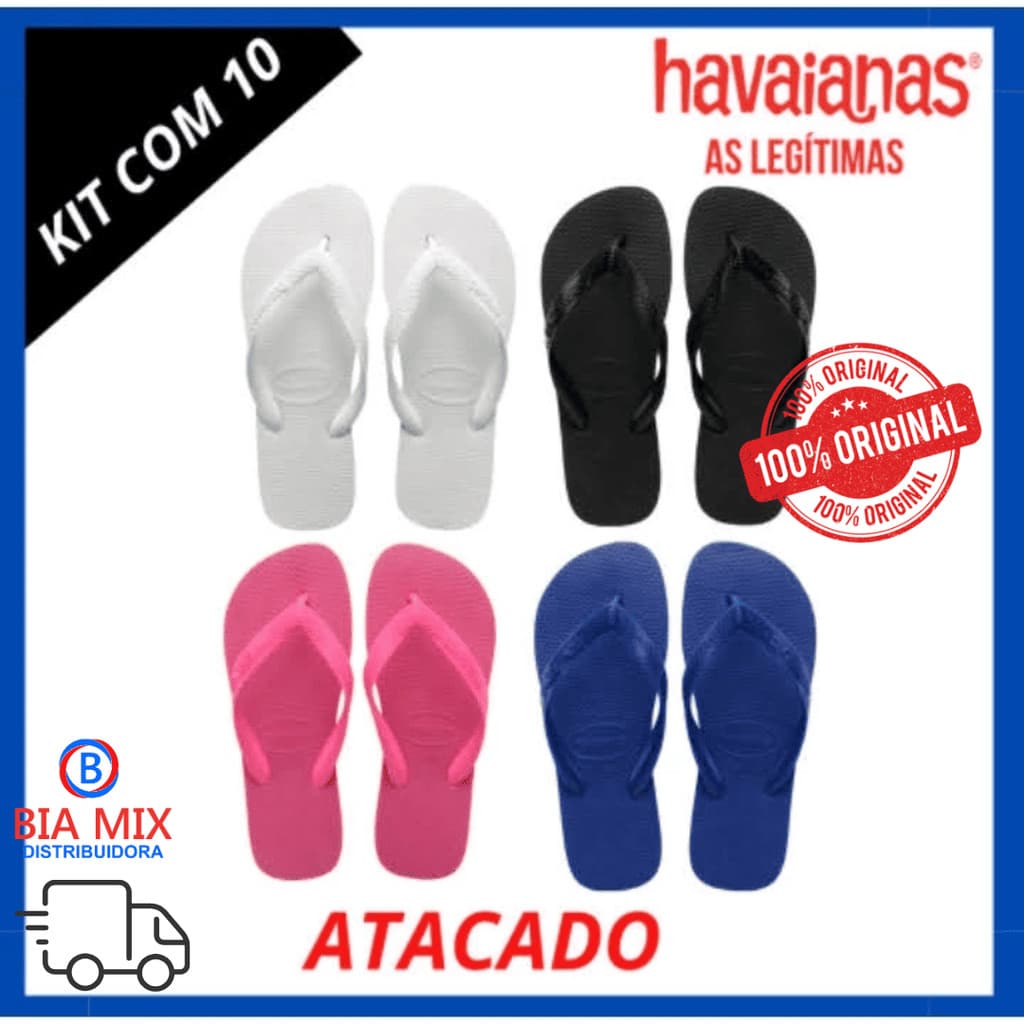 Kit com 10 pares de chinelos Havaianas em cores variadas, branco, preto, rosa e azul, com fundo branco e texto 'KIT COM 10' e '100% ORIGINAL'.