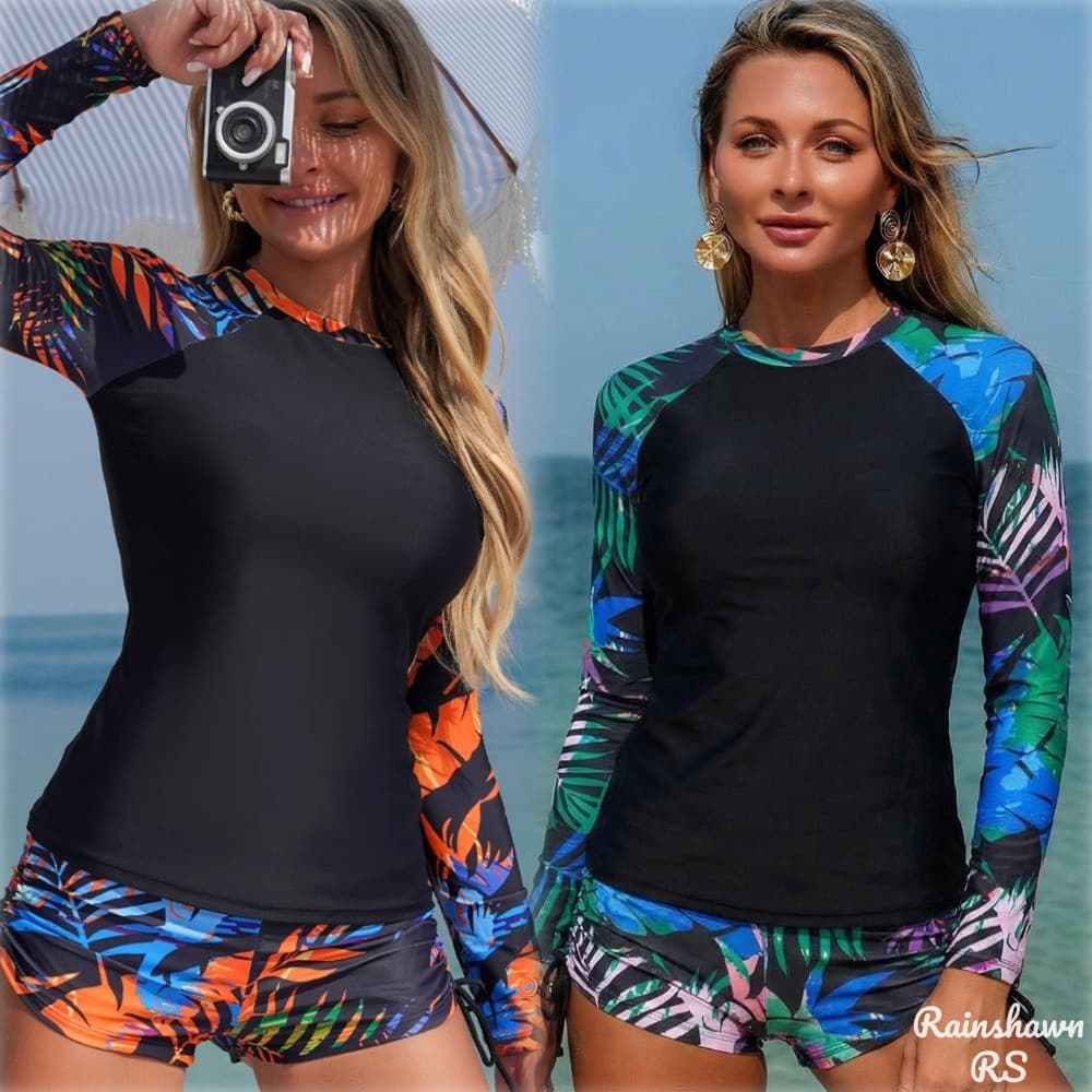 RS|Flores Maiô Dividido Esportivo Maio Manga Longa Maio Natação Maio Feminino Praia Roupa De Praia Maio Plus Size Surf