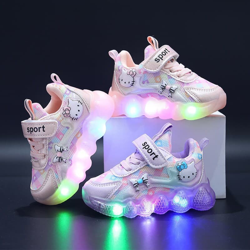 Tênis infantil com luzes LED Hello Kitty rosa e branco