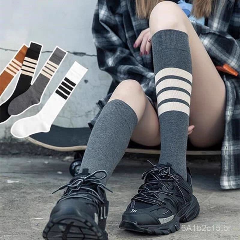 Meias de cano alto com quatro listras para mulheres, meias de cano longo estilo japonês de outono para meninas, meias es