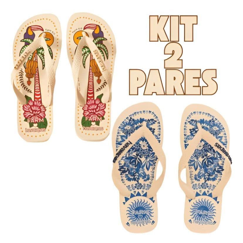 2 Pares de Chinelo Feminino Farm Tropical Vibes Promoção Envio Imediato Azul Azulejo Tucano Tucanado Havaian