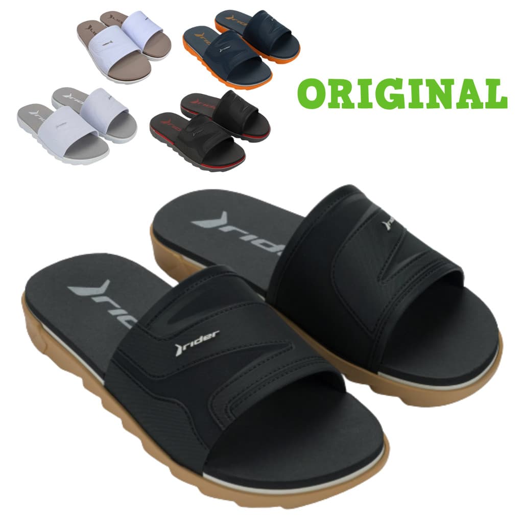Sandália slide Rider preta original masculina com logo branco e marrom