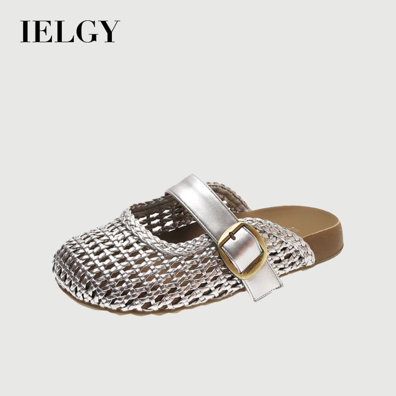 Sandália mule respirável estilo Birkenstock para mulheres, verão 2026, tecido prateado com fivela dourada