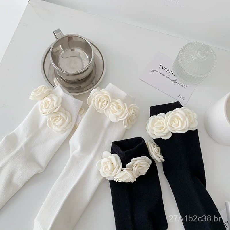 Meias masculinas estilo boyfriend, meias de cano médio com camélias, meias Lolita, meias femininas de cano médio, meias 