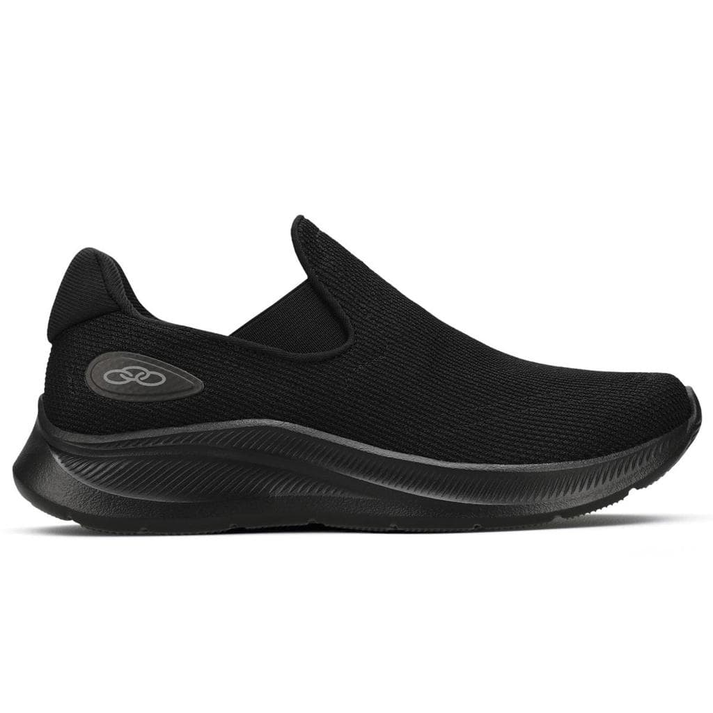 Tênis feminino casual preto Olympikus Flutua 2, perfil lateral com sola sulcada e logotipo circular