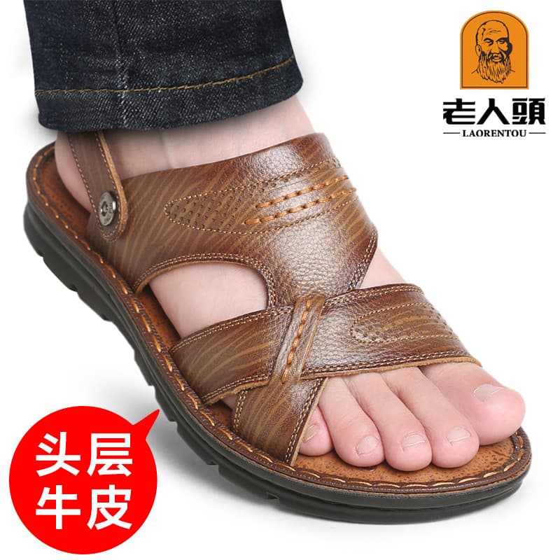 Cabeça de idosos sapatos de praia verão novo estilo sandálias de couro masculinas casuais sandálias de dupla utilização 