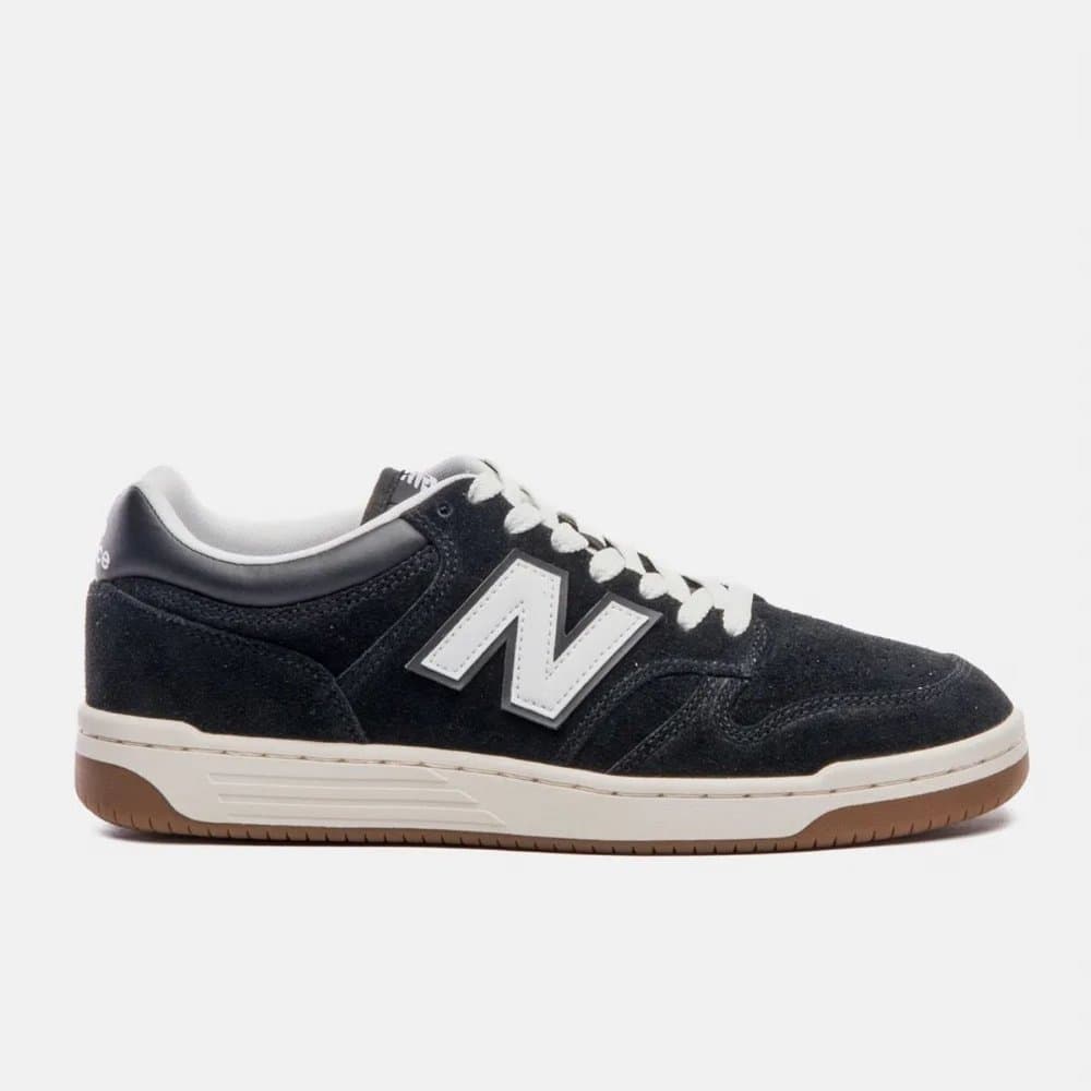 Tênis New Balance 480 Low Masculino preto com detalhes brancos e marrons