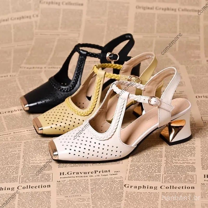 Sandálias Slingback com Tira em T Vazada, Bico Quadrado, Tira Trançada no Tornozelo, Salto Bloco, Sapatos de Couro Retro