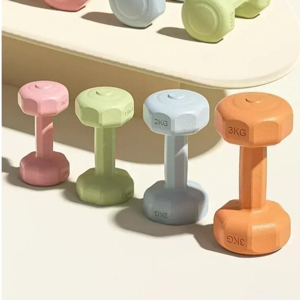 Conjunto de halteres fitness com letras, halteres de PVC de 1kg, halteres pequenos que não rolam e não escorregam.