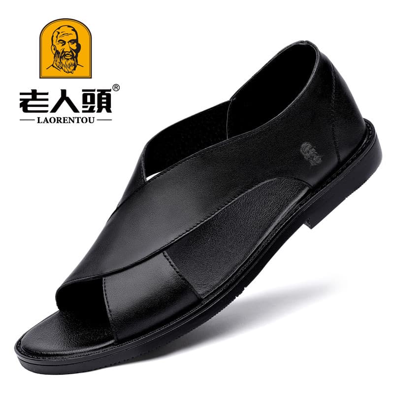 Sandália masculina de couro genuíno preto com design de dedo do pé LAORENTOU