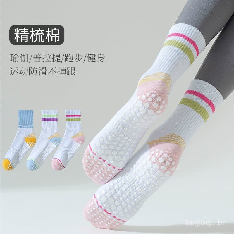 Meias meias meias meias antiderrapantes Yoga feminino Mid-Tube meias de borracha Fitness Pilates listrado pontos Silicon