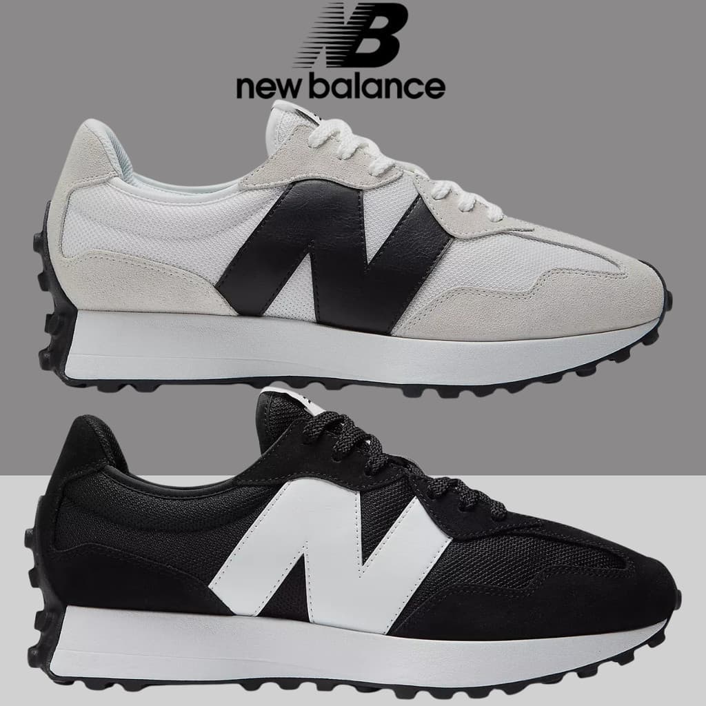 Tênis New Balance NB 327V1 masculino, branco com cinza e preto, e preto com branco.