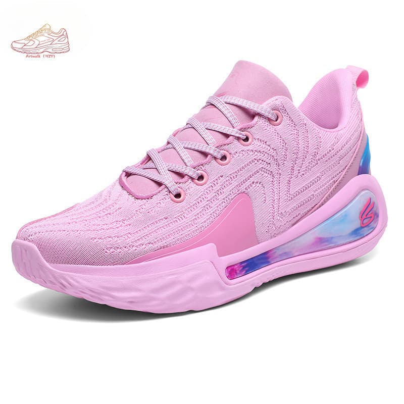 Tênis esportivo rosa com sola azul e branco, respirável, para basquete e corrida