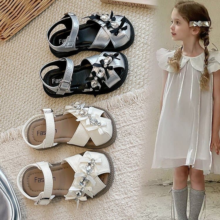 Sandálias coreanas para meninas 2026 Sandálias para meninas Bowknot Strass Sandálias infantis de princesa
