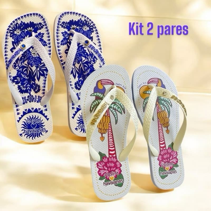 Sandália kit 1 e 2 chinelos azul  havaianas farm coqueiro arara floral com pedrinha feminino sandalia farm chinela SDY