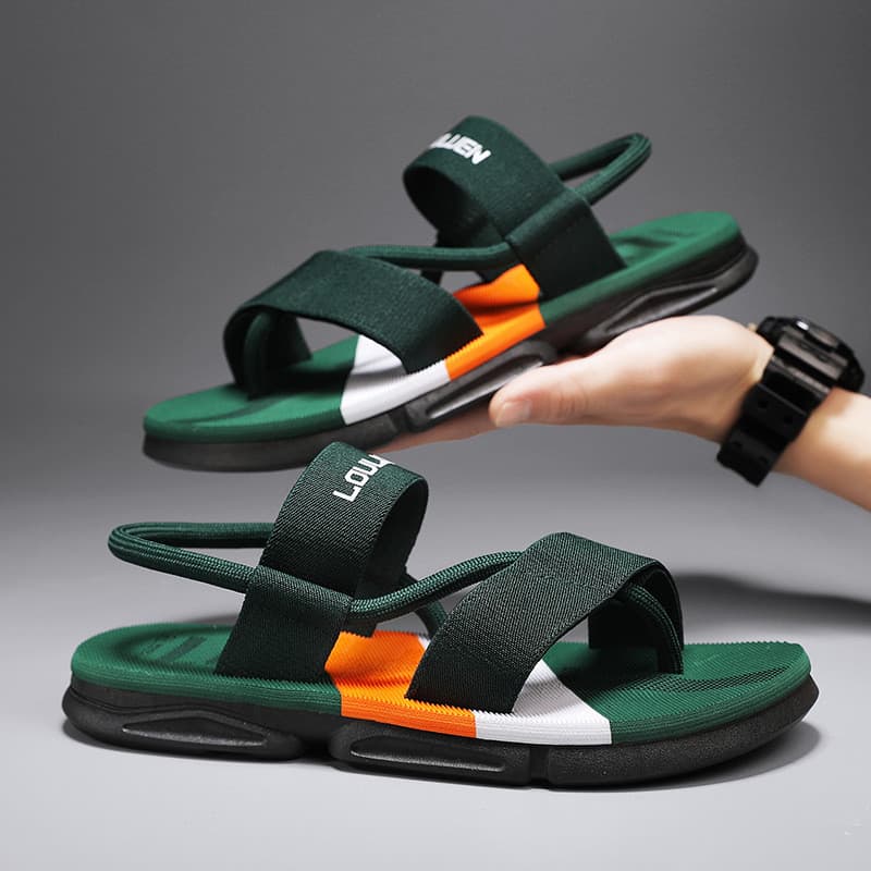Sandálias masculinas antiderrapantes verde e laranja com sola grossa