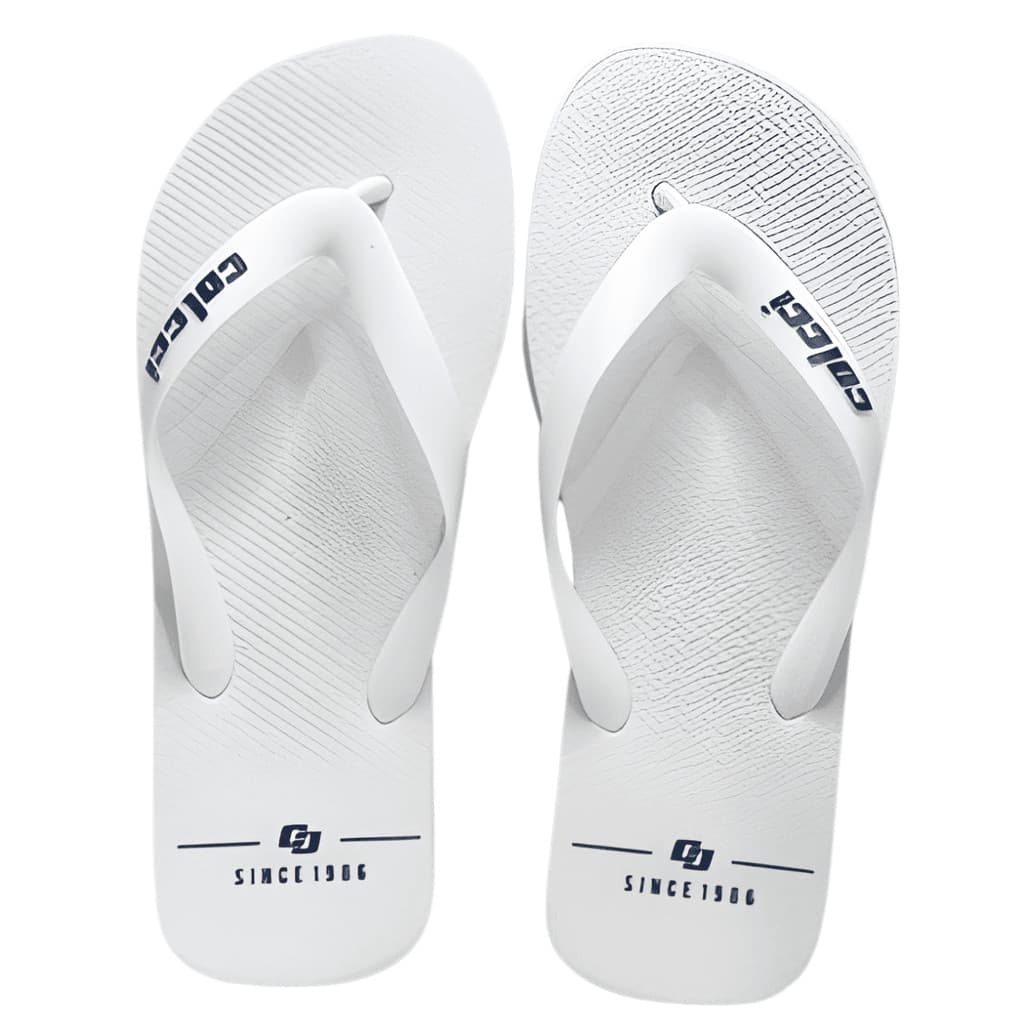 Chinelos masculinos brancos Colcci com design minimalista e logo azul.