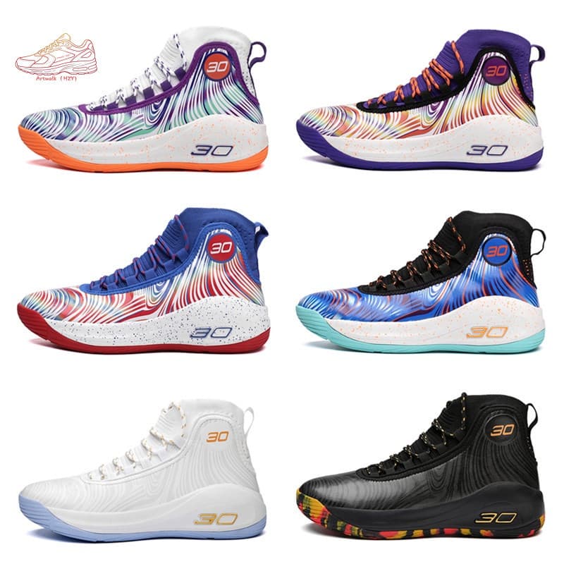 Seis tênis de basquete esportivos com diferentes combinações de cores vibrantes.