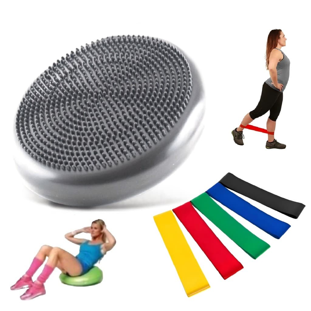 Almofada Disco Equilíbrio 33cm Inflável 150kg +Kit 5 Faixa Elástica Mini Band
