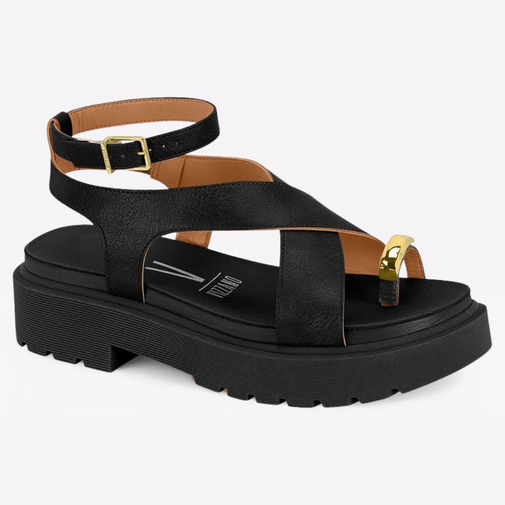 Sandália Papete Tratorada Vizzano Preta Sandália Flatform Com Detalhe Anel no Dedo 6499122