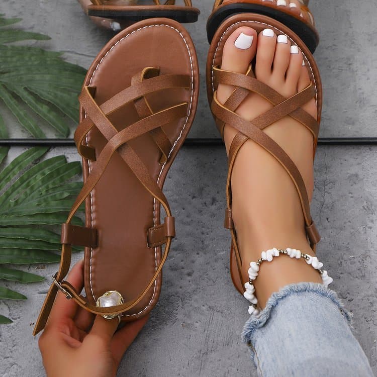 Sandálias femininas plus size com tiras nos dedos, tiras cruzadas estilo romano, sandálias rasteiras de praia para mulhe