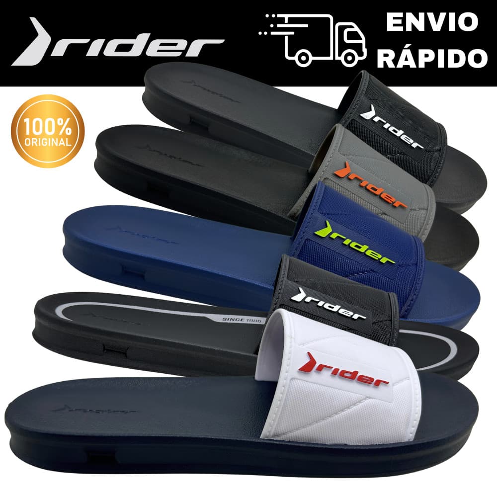 Chinelos slide masculinos Rider em várias cores com logo da marca