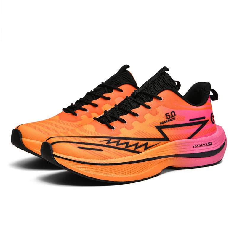 Tênis de corrida laranja e rosa com tecnologia de amortecimento e sola de borracha resistente