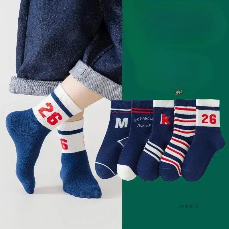 5 Pares de Meias Infantis da Série Tênis para Meninos, Meias Esportivas para Crianças e Estudantes, Meias de Algodão Mac