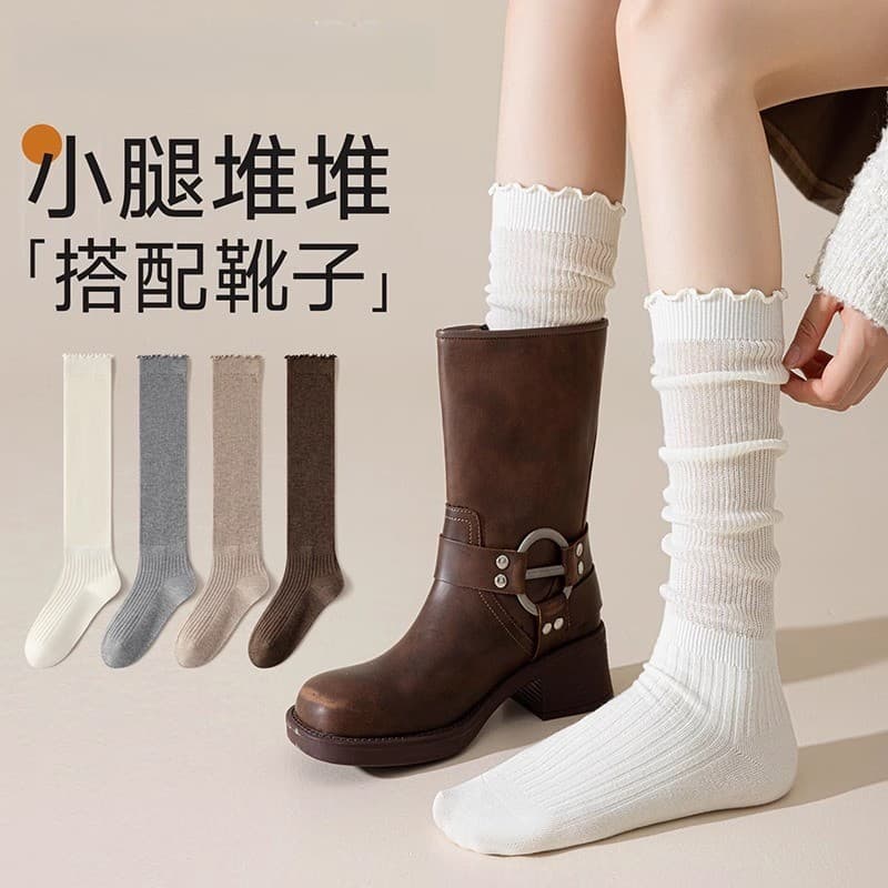 Pilha meias bezerro meias combinando botas femininas primavera outono miu lã branco fungo botas de renda meias de compri