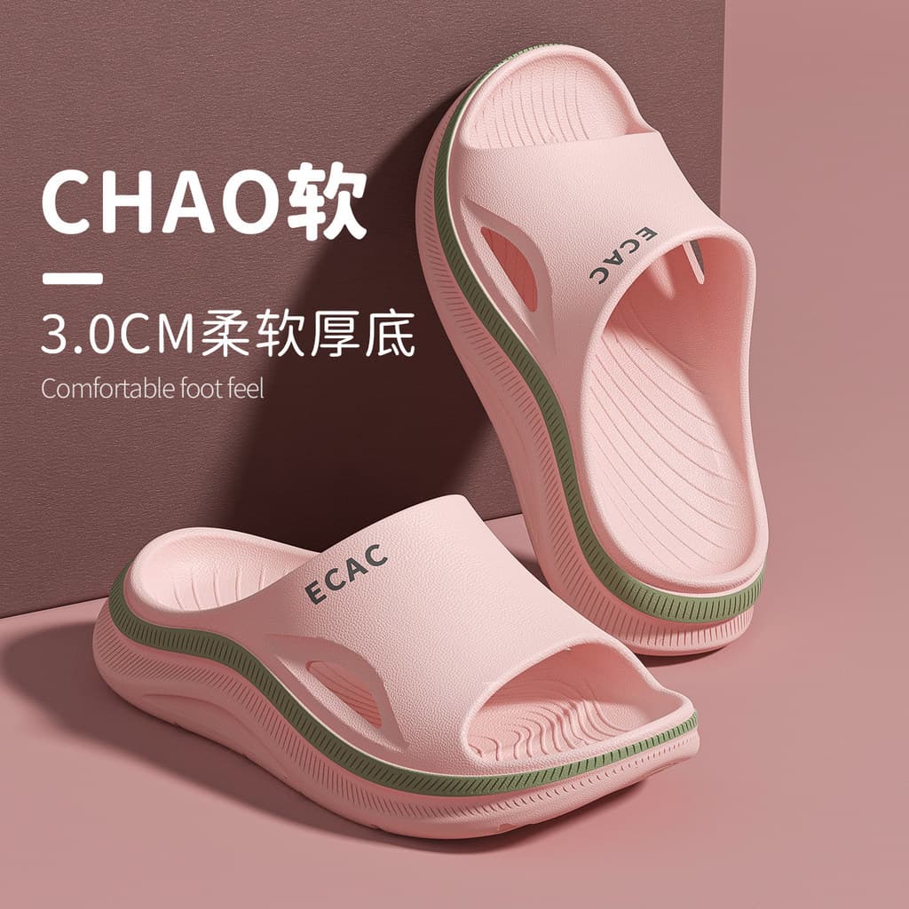 Chinelos femininos rosa com detalhes verdes, modelo antiderrapante, ECAC