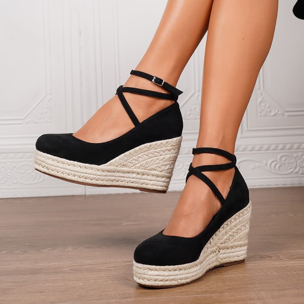 Sandálias Espadille femininas minimalistas de cor sólida com tira no tornozelo, sandálias de plataforma de palha para fé