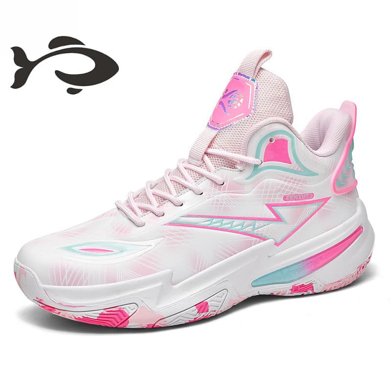Tênis de basquete branco com detalhes rosa e azul, logo rosa