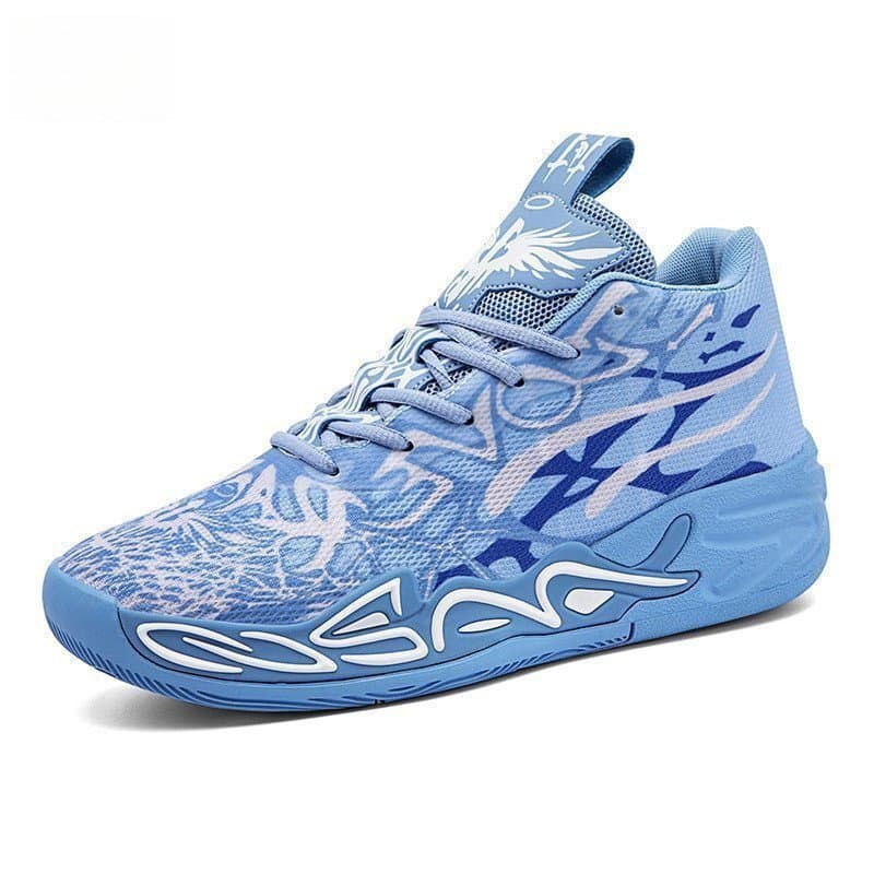 Tênis esportivo azul e branco com design gráfico abstrato, sola com padrão de ondas e parte superior respirável