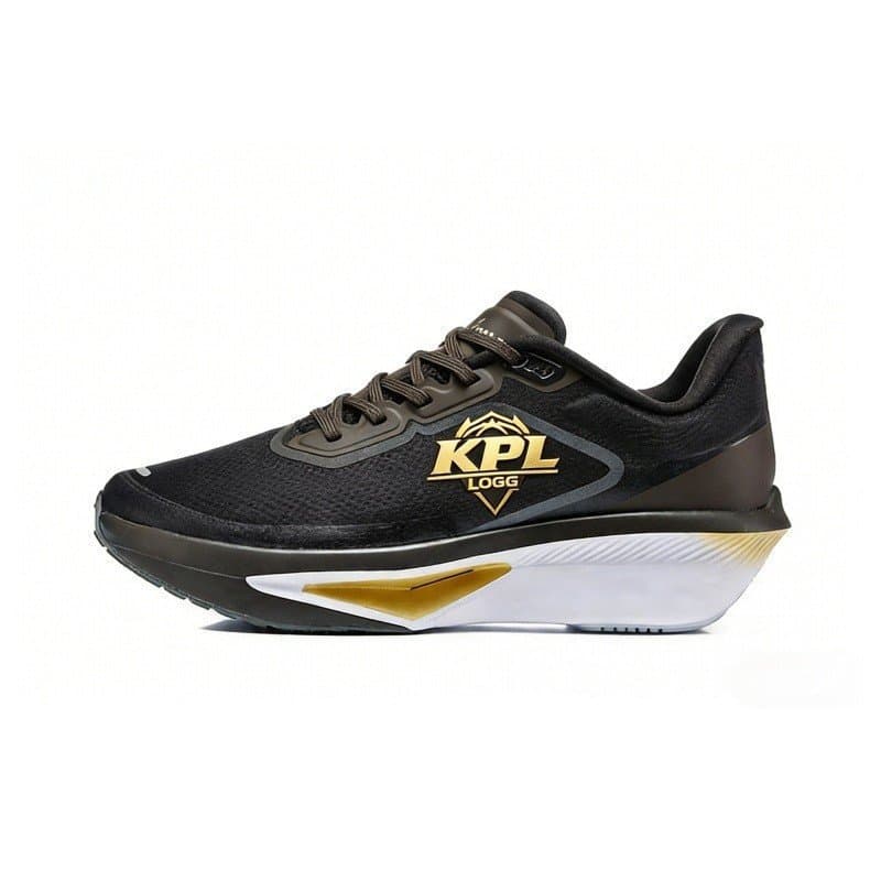 Tênis de corrida masculino e feminino preto e dourado com logo KPL LOGG