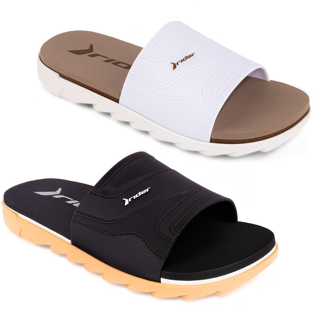 Sandália Rider Slide Rw Plus Original em Branco e Marrom com Sola Branca e em Preto com Sola Laranja