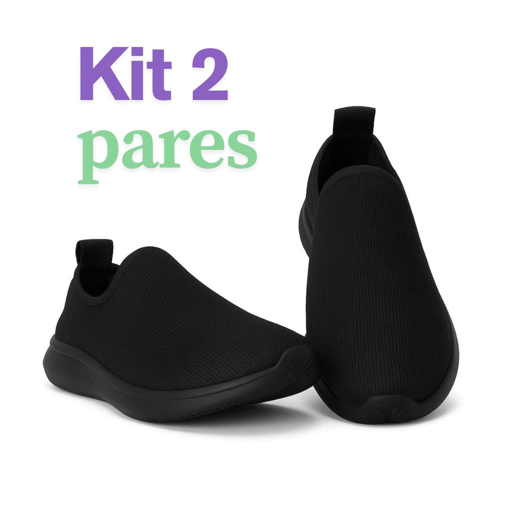 Kit com dois pares de tênis femininos sem cadarço, pretos, em fundo branco.
