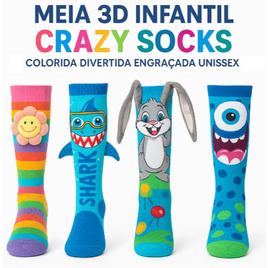 Meia Infantil 3D Divertida meia maluca Juvenil Colorida Criança Menina e Menino - pronta entrega ENVIO IMEDIATO