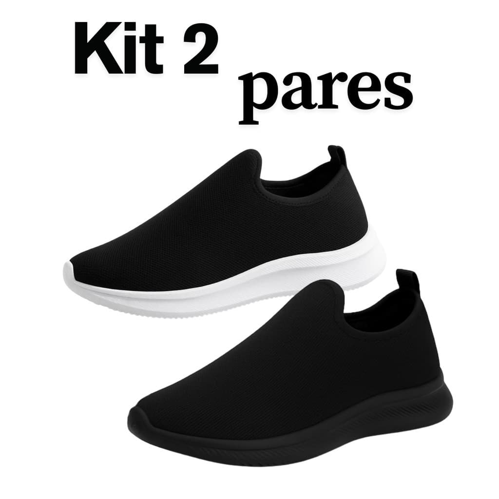 Tênis feminino de meia preto sem cadarço, kit com 2 pares, fundo branco