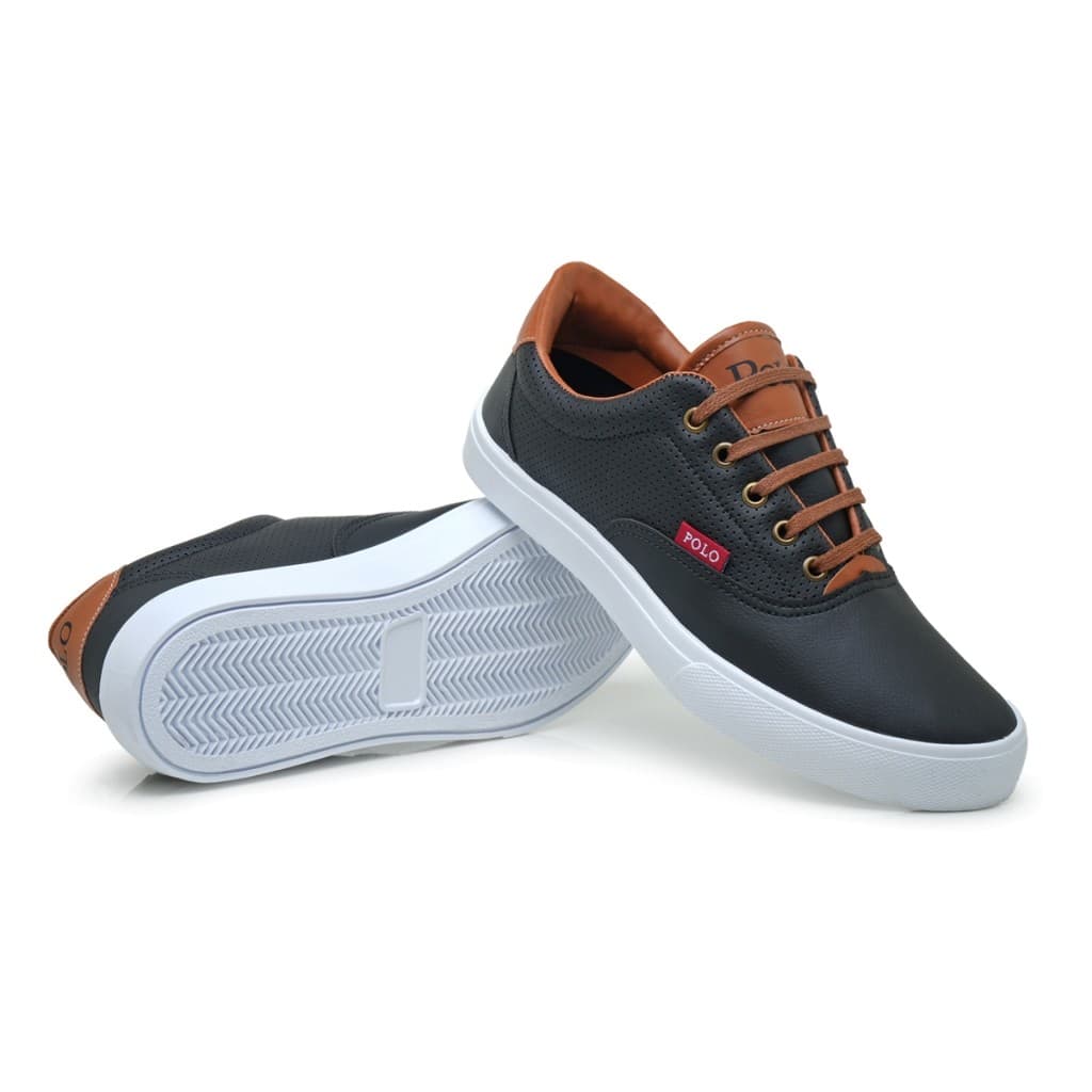 Tênis Masculino Casual Polo Boxster - Preto e Marrom com Sola Branca