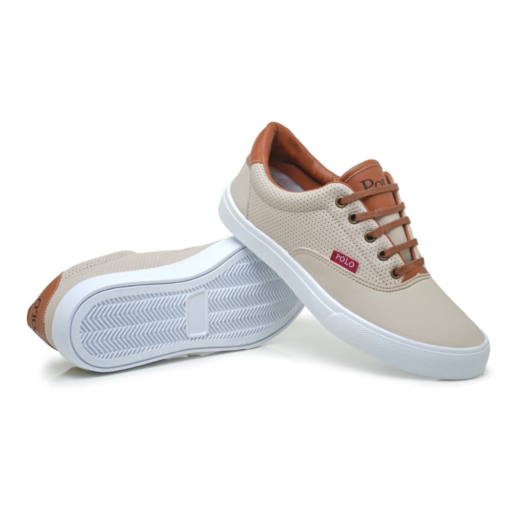 Tênis Masculino Casual Polo Boxster, bege e marrom com sola branca e logo Dal