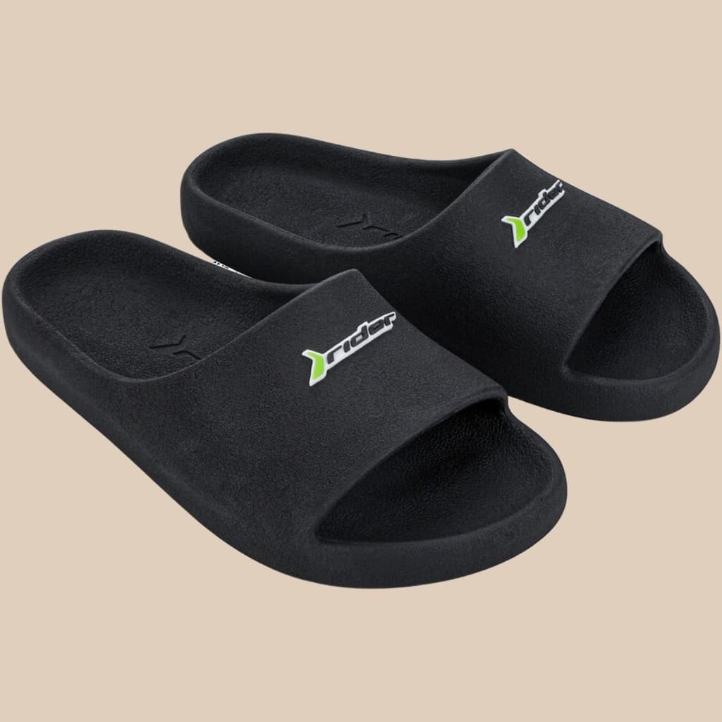 Chinelos Masculinos Rider Slide Nuvem Pretos com Logo Verde