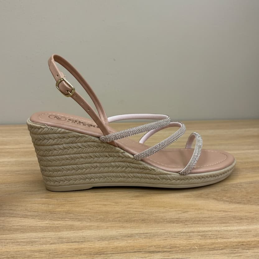 Sandália Anabela Encanto Shoes 2069.ANAC6 Tiras Brilhosas Casual Noite Casamento Evento Festa Verão Fivela Confortável